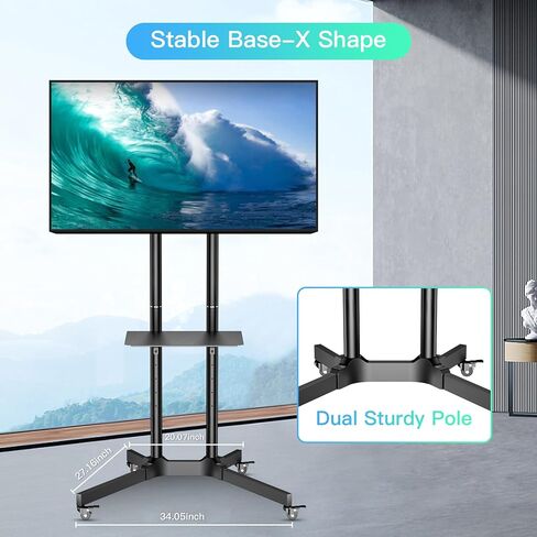 عربة تلفزيون متنقلة PPQ لشاشات LED مسطحة مقاس 32-65 بوصة/أجهزة تلفزيون منحنية يصل وزنها إلى 132 رطلاً، وحامل أرضي متدحرج مع رف قابل للتعديل للارتفاع، وحامل تلفزيون قابل للإمالة في الهواء الطلق مع عجلات قفل بحد أقصى. فيسا 600x400 ملم in Kuwait