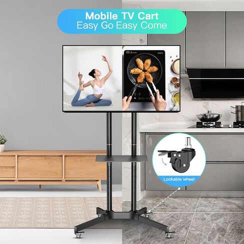 عربة تلفزيون متنقلة PPQ لشاشات LED مسطحة مقاس 32-65 بوصة/أجهزة تلفزيون منحنية يصل وزنها إلى 132 رطلاً، وحامل أرضي متدحرج مع رف قابل للتعديل للارتفاع، وحامل تلفزيون قابل للإمالة في الهواء الطلق مع عجلات قفل بحد أقصى. فيسا 600x400 ملم in Kuwait