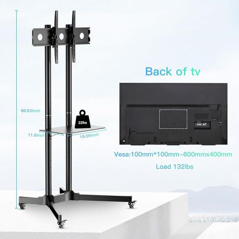 عربة تلفزيون متنقلة PPQ لشاشات LED مسطحة مقاس 32-65 بوصة/أجهزة تلفزيون منحنية يصل وزنها إلى 132 رطلاً، وحامل أرضي متدحرج مع رف قابل للتعديل للارتفاع، وحامل تلفزيون قابل للإمالة في الهواء الطلق مع عجلات قفل بحد أقصى. فيسا 600x400 ملم in Kuwait