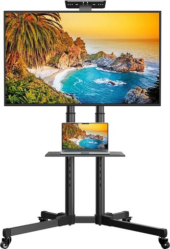 حامل تلفزيون متنقل مع عجلات لشاشات تلفزيون مسطحة منحنية مقاس 32-85 بوصة LED LCD، حامل أرضي لعربة عربة محمولة قابل للتعديل مع رف للمكتب المنزلي in Kuwait