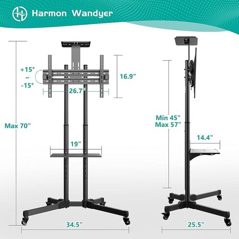حامل تلفزيون متنقل مع عجلات لشاشات تلفزيون مسطحة منحنية مقاس 32-85 بوصة LED LCD، حامل أرضي لعربة عربة محمولة قابل للتعديل مع رف للمكتب المنزلي in Kuwait