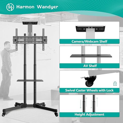 حامل تلفزيون متنقل مع عجلات لشاشات تلفزيون مسطحة منحنية مقاس 32-85 بوصة LED LCD، حامل أرضي لعربة عربة محمولة قابل للتعديل مع رف للمكتب المنزلي in Kuwait