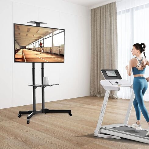 حامل تلفزيون متنقل مع عجلات لشاشات تلفزيون مسطحة منحنية مقاس 32-85 بوصة LED LCD، حامل أرضي لعربة عربة محمولة قابل للتعديل مع رف للمكتب المنزلي in Kuwait