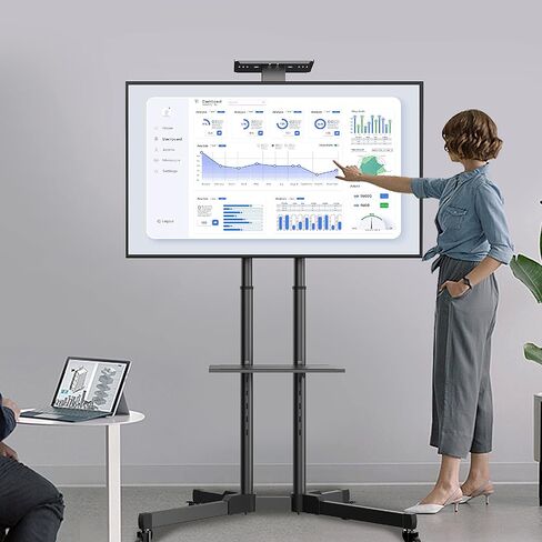 حامل تلفزيون متنقل مع عجلات لشاشات تلفزيون مسطحة منحنية مقاس 32-85 بوصة LED LCD، حامل أرضي لعربة عربة محمولة قابل للتعديل مع رف للمكتب المنزلي in Kuwait