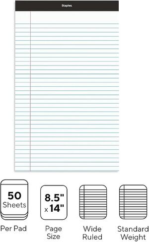 STAPLES Notepads, 8.5-inch x 14-inch (legal), Wide Ruled, White, 50 Sheets/Pad, 24/Carton (ST57342/TR573VS) in Saudi Arabia