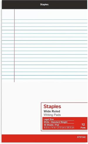 STAPLES Notepads, 8.5-inch x 14-inch (legal), Wide Ruled, White, 50 Sheets/Pad, 24/Carton (ST57342/TR573VS) in Saudi Arabia