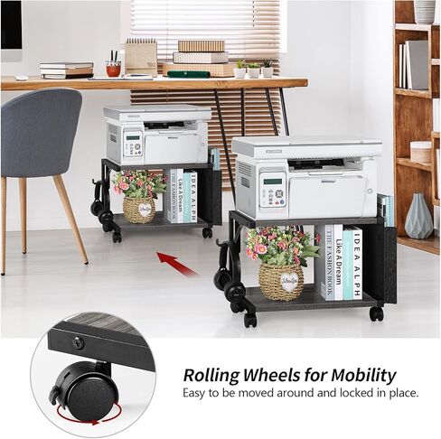 حامل طابعة ميلوس، حامل طابعة بطبقتين مع مساحة تخزين، رف عربة طابعة متنقلة بعجلات، حامل طابعة تحت المكتب لجهاز الفاكس، ناسخة، ماسح ضوئي، طابعة، ماسح ضوئي، أسود in Kuwait