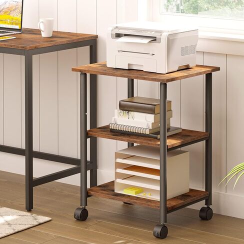 HOOBRO Printer Stand, 2-Tier Industrial Under Desk Printer Cart with Shelf, Mobile Heavy Duty Storage Rack on Wheels for Home, Office, Rustic Brown and Black BF02PS01G1 in Saudi Arabia