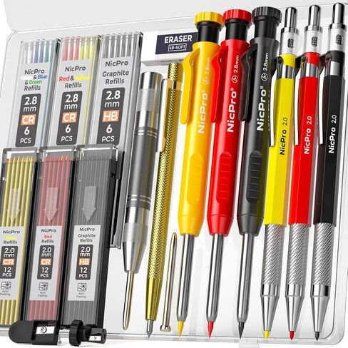 15 Pack Carpenter Pencil Set with Sharpener, Mechanical Carpenter Pencils with 40 Refill, Automatic Center Puncha and Carbide Scribe Tool, Heavy Duty Construction Pencil for Architect-With Case in Saudi Arabia