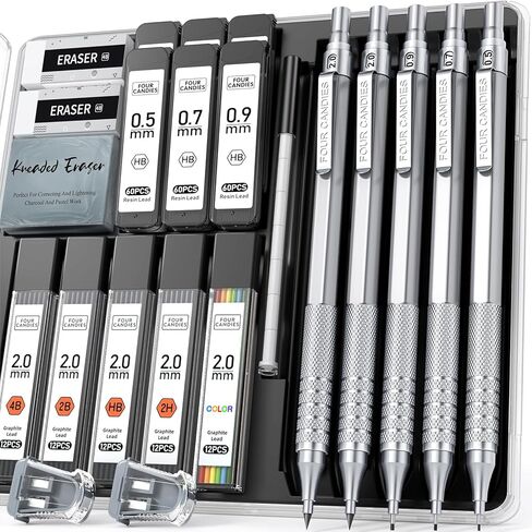 Four Candies Metal Mechanical Pencil Set, 3PCS Art Drafting Pencils 0.5, 0.7, 0.9MM & 2PCS 2MM Mechanical Drawing Pencils with 420PCS Leads (4B 2B HB 2H Color) for Writing Sketching Drawing (Black) in Kuwait