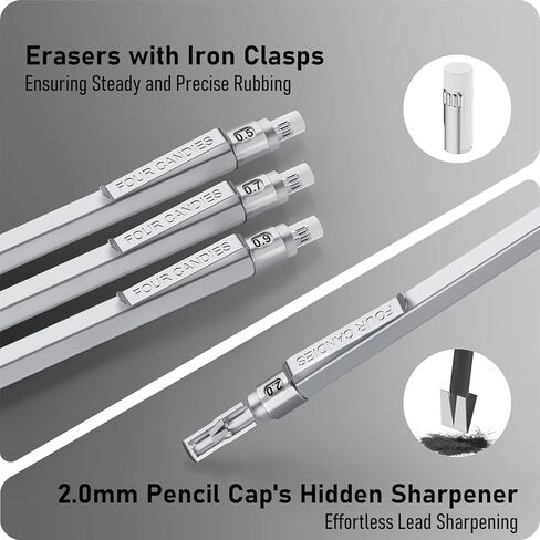 Four Candies Metal Mechanical Pencil Set, 3PCS Art Drafting Pencils 0.5, 0.7, 0.9MM & 2PCS 2MM Mechanical Drawing Pencils with 420PCS Leads (4B 2B HB 2H Color) for Writing Sketching Drawing (Black) in Kuwait