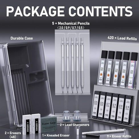 Four Candies Metal Mechanical Pencil Set, 3PCS Art Drafting Pencils 0.5, 0.7, 0.9MM & 2PCS 2MM Mechanical Drawing Pencils with 420PCS Leads (4B 2B HB 2H Color) for Writing Sketching Drawing (Black) in Kuwait