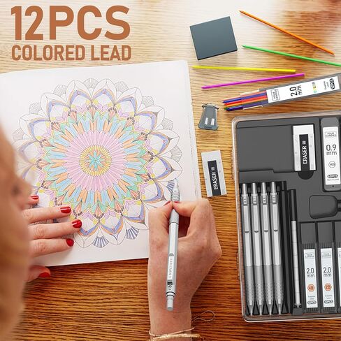 Four Candies Metal Mechanical Pencil Set, 3PCS Art Drafting Pencils 0.5, 0.7, 0.9MM & 2PCS 2MM Mechanical Drawing Pencils with 420PCS Leads (4B 2B HB 2H Color) for Writing Sketching Drawing (Black) in Kuwait