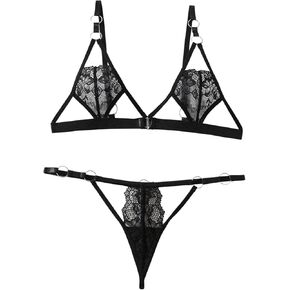 SweatyRocks Women's 2 Piece Lingerie Sets Cut Out Lace Wireless Triangle Bra and Low Rise Thongs