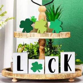 7 Pcs St. Patrick's Day Tiered Tray Decor Lucky Shamrock Table Wooden Signs Lucky Letter Sign Freestanding Wooden Luck Blocks Shamrock Wood Letters Block for Irish Home Party Decor