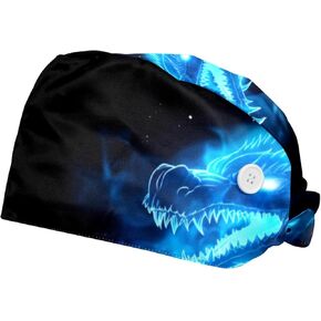 2 Piece Adjustable Surgical Caps, Tie Back Scrub Hats for Women Men, Dragon