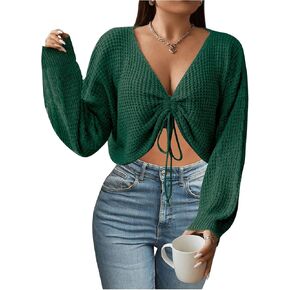 MakeMeChic Women's Plus Size Sweater Long Sleeve V Neck Drawstring Ruched Knit Crop Top