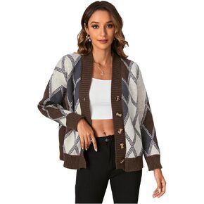 SHENHE Women's Cardigan Argyle Sweater Plaid Long Sleeve Button Down Preppy Knit Outerwear