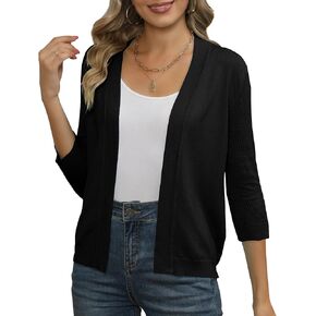 Women's Cropped Cardigans Shrugs for Dresses 3/4 Sleeve Lightweight Hollow Out Crochet Knit Sweater Tops