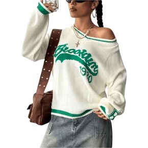 Women's Jersey Sweater Letter Drop Shoulder Sweaters Long Sleeve V Neck Oversized Knit Jersey Shirt Pullover Sweater