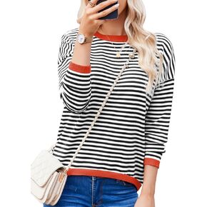 Womens Pullover Striped Sweaters Long Sleeve Tops Casual Crewneck Tops 2024 Trendy Fashion