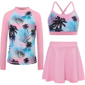 Girls Swimsuit Long Sleeve Swim Shirt 3 Piece Rash Guard for Girls Bathing Suit with Boyshorts