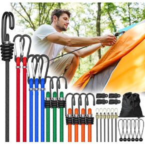 Outdoor Bungee Cord Assorted with Hooks: 30PCS Heavy Duty Bungee Cord Set with Mini Bungee, Ball Bungee, Tarp Clips for Camping Trip - Assortment for Bike Motorcycle