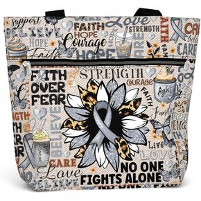 84hoods Large Waterproof Tote Bag with Pockets and Zipper for Work. Aesthetic Grey Ribbon Support Awareness Gift for Women.