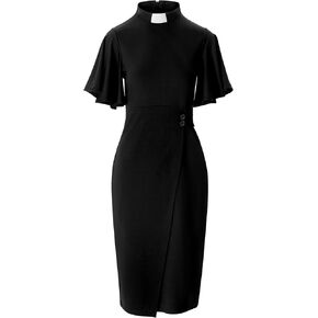 Black Church Dress for Women Short Ruffle Sleeve Clergy Dress Tab Insert Collar Priestess Dress