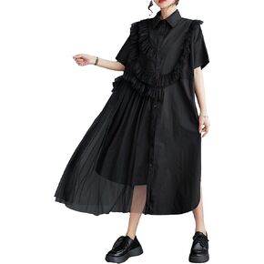 ellazhu Women's Short Sleeves Solid Color Tulle Dress Button Down Shirt Dress GZ181 A