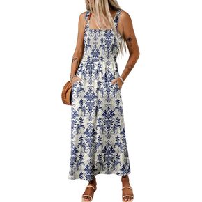 Dokotoo Maxi Dresses for Women Wedding Guest Dresses for Women Casual Womens Midi Dress with Pockets Sleeveless Pleat Long Tiered Blue Medium