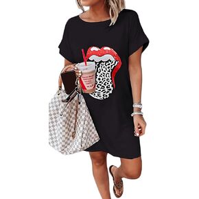 Women Summer Red Lips Graphic Short Sleeve Loose Tshirt Dresses Leopard Tongue O-Neck Short Tunic Dresses
