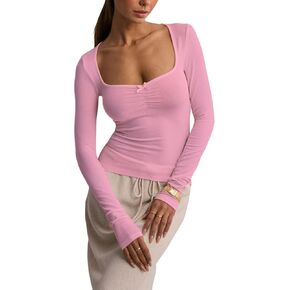 Women's Square Neck Long Sleeve Going Out Y2k Crop Tops Bow Front T Shirts Sexy Tops Slim Fit Tee Fall Tees Shirt