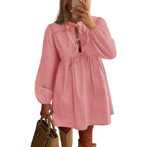 BTFBM Women's 2024 Fall Dresses Long Puff Sleeve Bow Tie Front Y2k Babydoll Peplum A Line Casual Cute Short Tunic Dress(Solid Pink, Large)