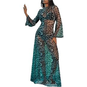 MakeMeChic Women's Mesh Sheer Leopard Print Bell Sleeve Dress Backless A Line Club Maxi Dresses