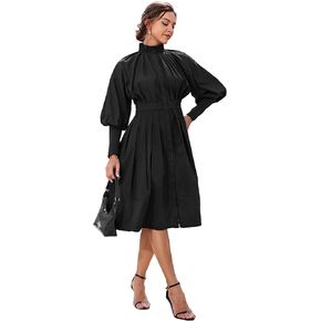 SDEER Women's Button Down Shirt Dress Ruffle Stand Collar High Waist Midi Dresses Long Sleeve Casual Shirt Dresses