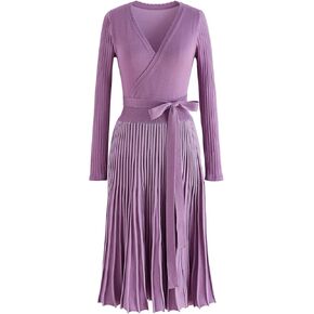 CHICWISH Women's Nude/Red/Black/Emerald/Lilac V-Neck Tie-Waist Wrap Pleated Ribbed Knitted Dress