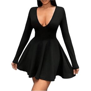MakeMeChic Women's Deep V Neck Mini Dress Long Sleeve A Line Flare Short Dresses
