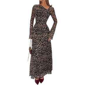 Women's Leopard Print Maxi Dress Asymmetrical Neck Ruffle Long Sleeve Long Dresses Mesh Sheer Ruched Cheetah Dress