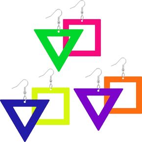 Hicarer 3 Pairs 80s 90s Neon Earrings for Women Retro Pendant Acrylic Drop Dangle for 80's Outfit Glow Party Accessories(Colorful,Triangular, Square)