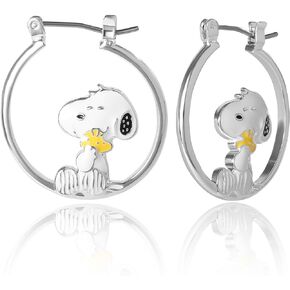 Peanuts Snoopy Earrings for Women Official License, Silver Flash-Plated Hoop Earrings with a Snoopy and Woodstock Accessory