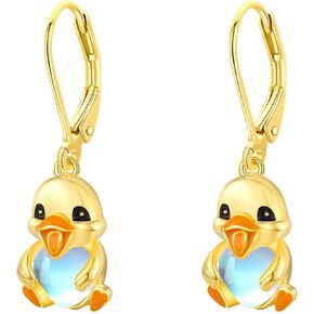 Dreamboat Duck Leverback Earrings for Women 925 Sterling Silver Gold Plated Moonstone Duck Dangle Drop Earring Birthday Party Jewelry Gifts for Duck Lovers