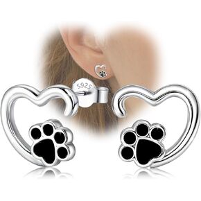 Heart Print Earrings for Women Sterling Silver Cute Pet Puppy Cat Dog Paw Print Stud Earrings Hypoallergenic Small Post Earrings Dainty Lightweight Lovely Earrings for Christmas Birthday