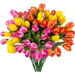 Outdoor Artificial Tulips Silk Fake Flowers Bouquets Faux Plastic Greenery Shrubs Plants Arrangements for Home Outside Pots Garden Porch Window Box Planter Farmhouse Decor，6Pcs