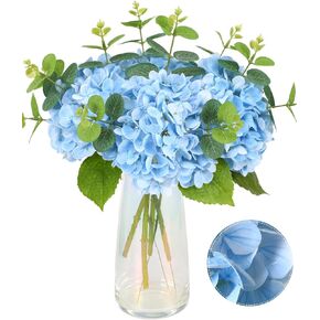 Tifuly Hydrangea Artificial Flowers in Vase - 4pcs Real Touch Fake Hydrangea with 3pcs Eucalyptus Leaves Faux Hydrangea for Wedding Centerpiece Home Garden Party Decoration（White）