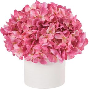 WELL KNOWN Artificial Hydrangea Fake Flowers in Vase, Fake Silk Flowers in Ceramic Vase, Artificial Plants in Pot for Fall Home Office Lavotory Table Shelf Decor (Purple)