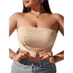 OYOANGLE Women's Plus Size Front Closure Contrast Lace Tube Bra Strapless Invisible Bandeau Bralette