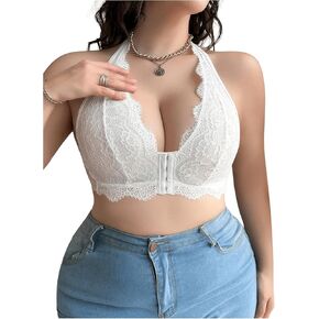 Women's Plus Size Front Closure Halter Lace Bra V Neck Push Up Underwire Bras