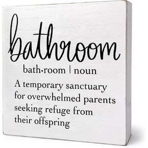Funny Bathroom Sign, Wooden Box Sign Bathroom Decor for Shelves,Toilet, Restroom, Funny Home Decor Rustic Wood Plaque Wood Box, White Square Farmhouse Wooden Box Plaque Sign, 6 X 6 Inch
