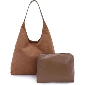 GOTOW Suede Hobo Bags for Women Brown Suede Tote Handbag Retro Suede Slouchy Shoulder Bag Office